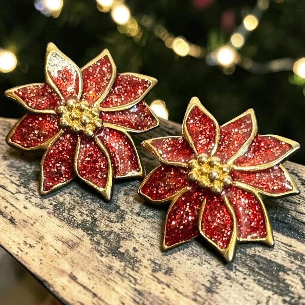 Vintage Avon of Belleville Red Poinsettia Stud Earrings Glitter Enamel Christmas